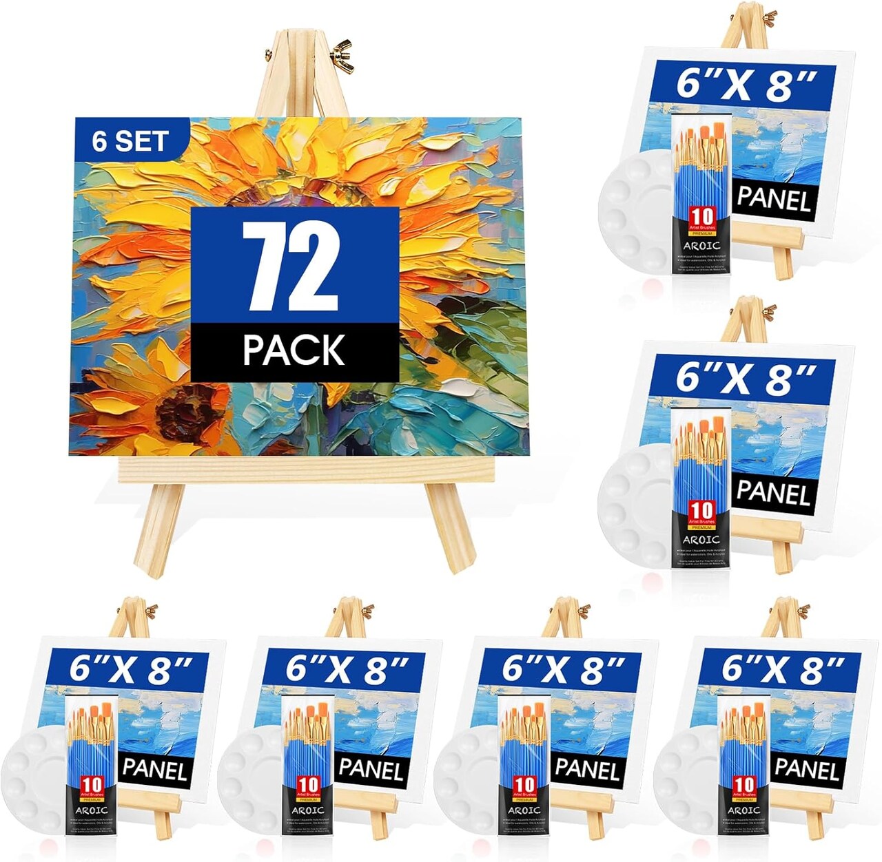 Canvas and Easel Set,Art Painting Set with 78 Pack (6 PCS 9" Wood Easels, 60 Brushes, 6 Canvas Boards and 6 Palette) Painting Supplies kit for Kids & Adults to Painting Party